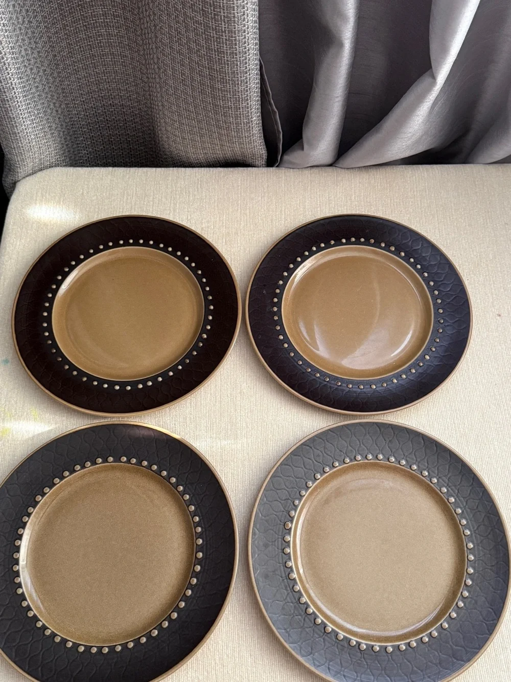 Franciscan Two-Tone Brown Stoneware Dinner Plates with Dotted Rim – Set of 4